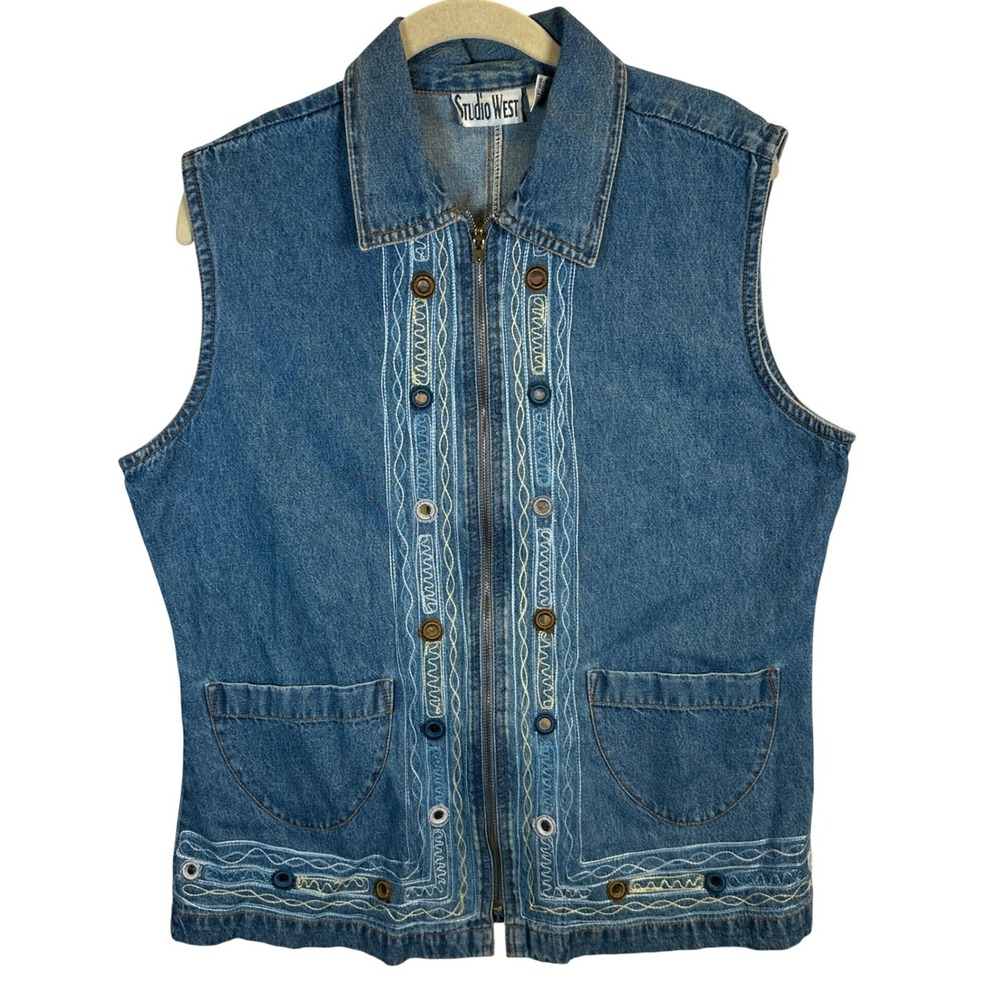 Studio West Medium Blue Denim Embroidered Zip Up Vest Boho Western Mirror